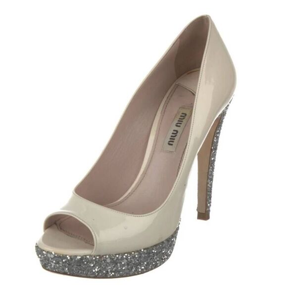MIU MIU Glitter Platform Peep Toe Pumps Patent Leather Heels Cream White 39 8.5 - Picture 1 of 16